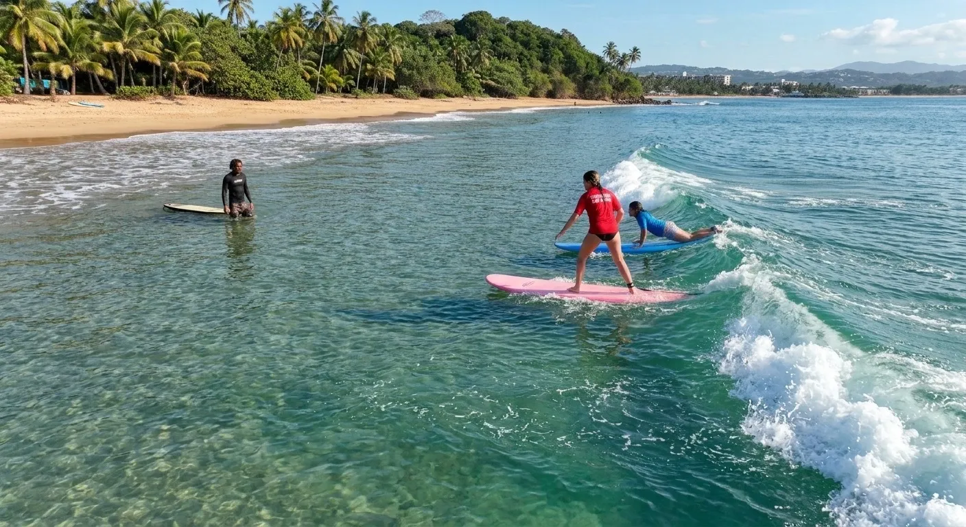 A surf instructor waits in clear shallow water while two students catch a small wave on soft boards, a palm-lined beach behind them.